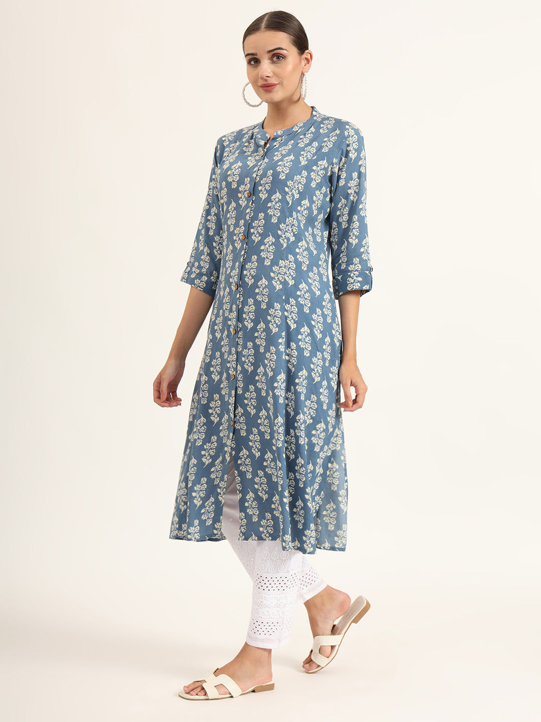 Blue Floral Print Pure Cotton Straight Kurta