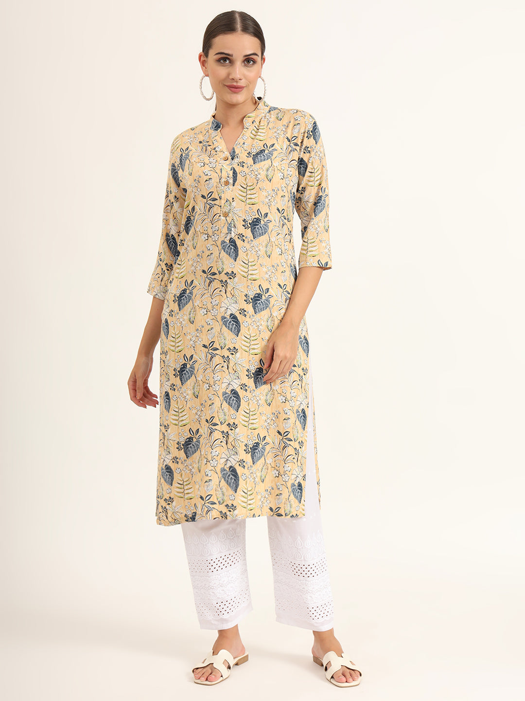 Yellow Floral Print Rayon Straight Kurta