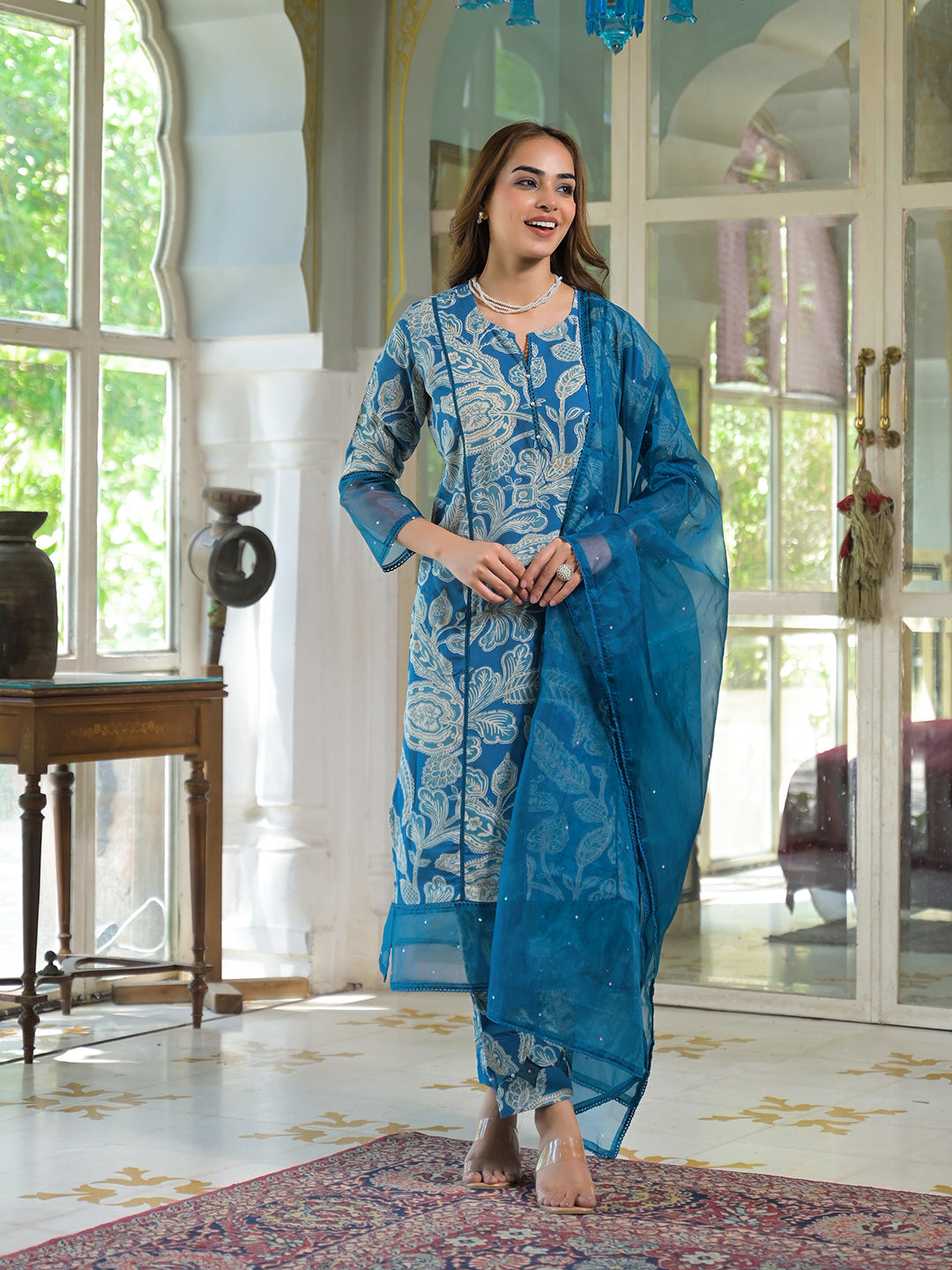 Blue Rayon Floral Printed Kurta Pant with Dupatta