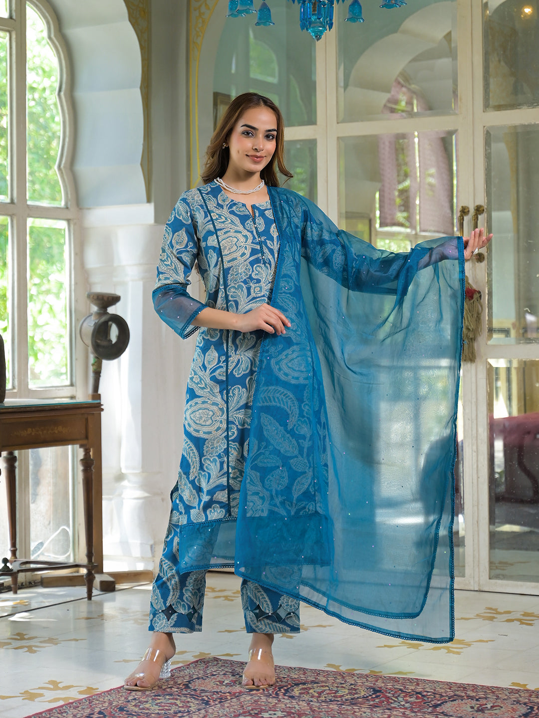 Blue Rayon Floral Printed Kurta Pant with Dupatta
