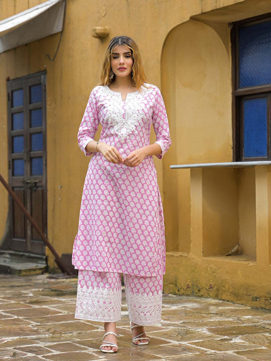 Pink Hand Block Straight Cotton Kurta Pant Set
