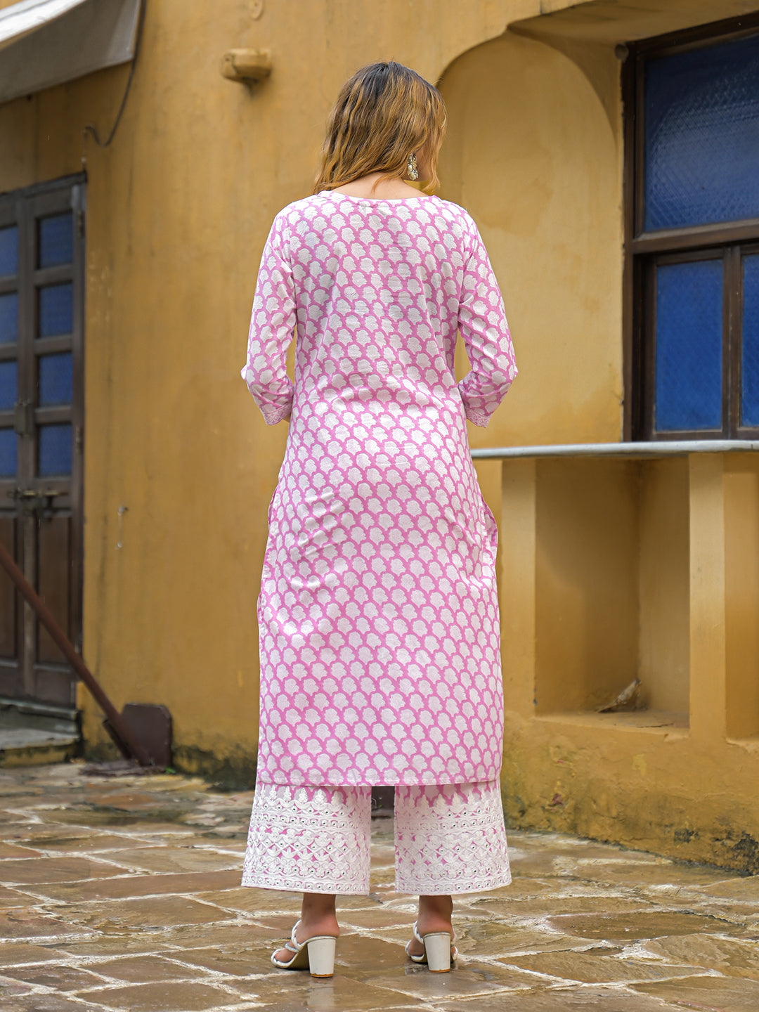 Pink Hand Block Straight Cotton Kurta Pant Set
