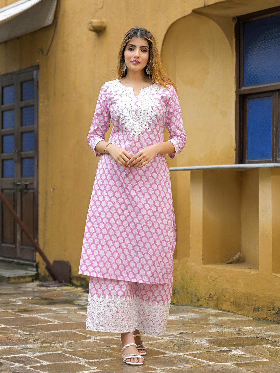 Pink Hand Block Straight Cotton Kurta Pant Set