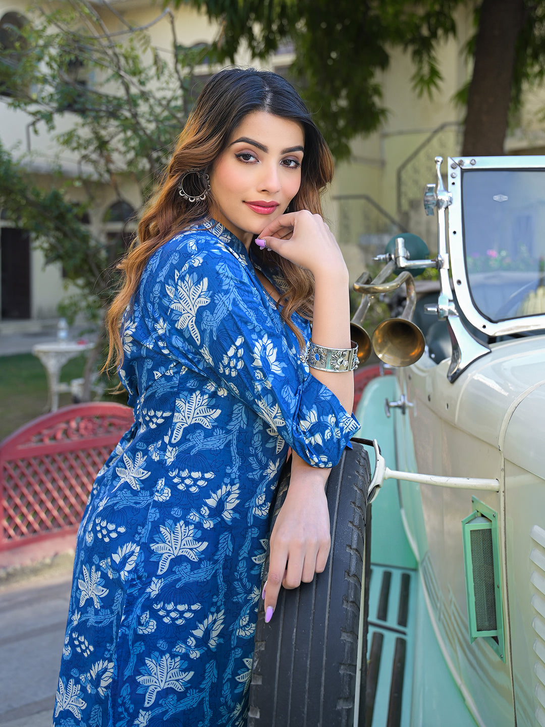 Blue Floral Print Cotton Fabric Kurta with Pant
