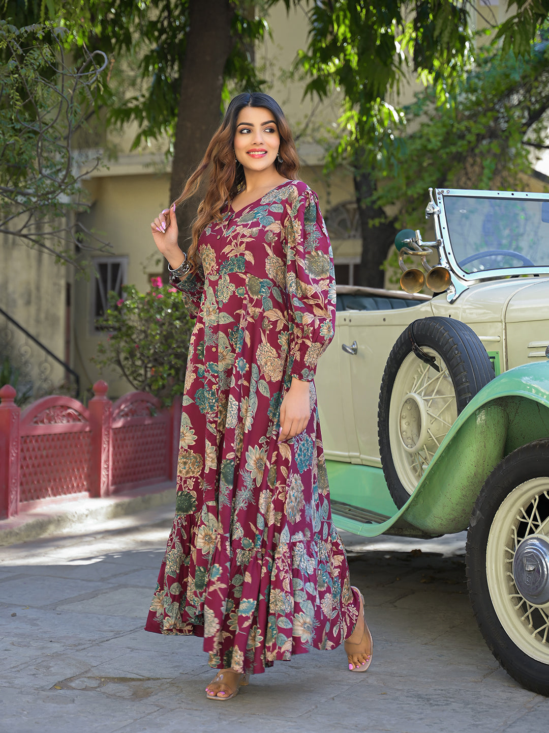 Maroon Floral Print Rayon Fabric Flared Long Dress