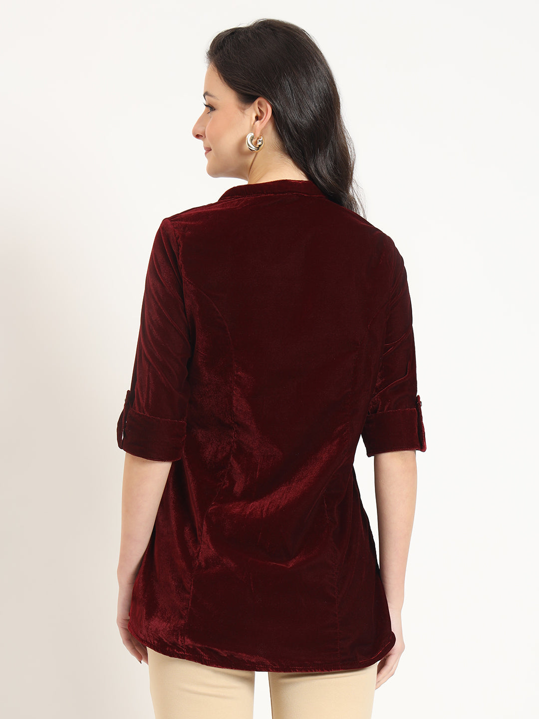 Maroon Solid Print Velvet Straight Top