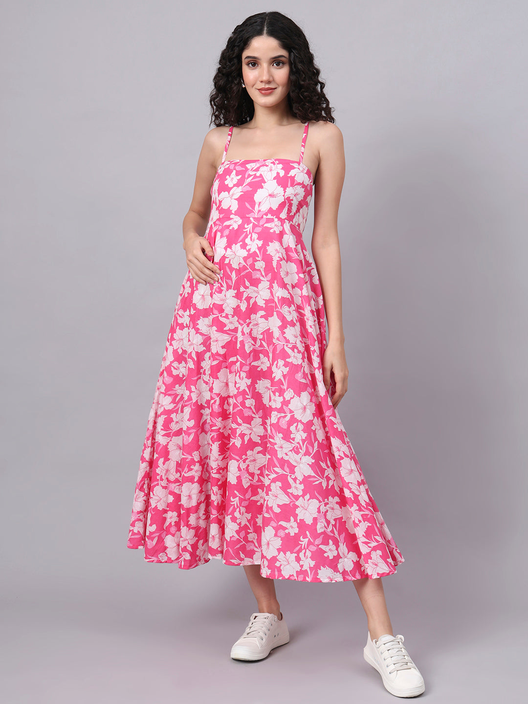 Pink Floral Shoulder Straps Cotton Dress