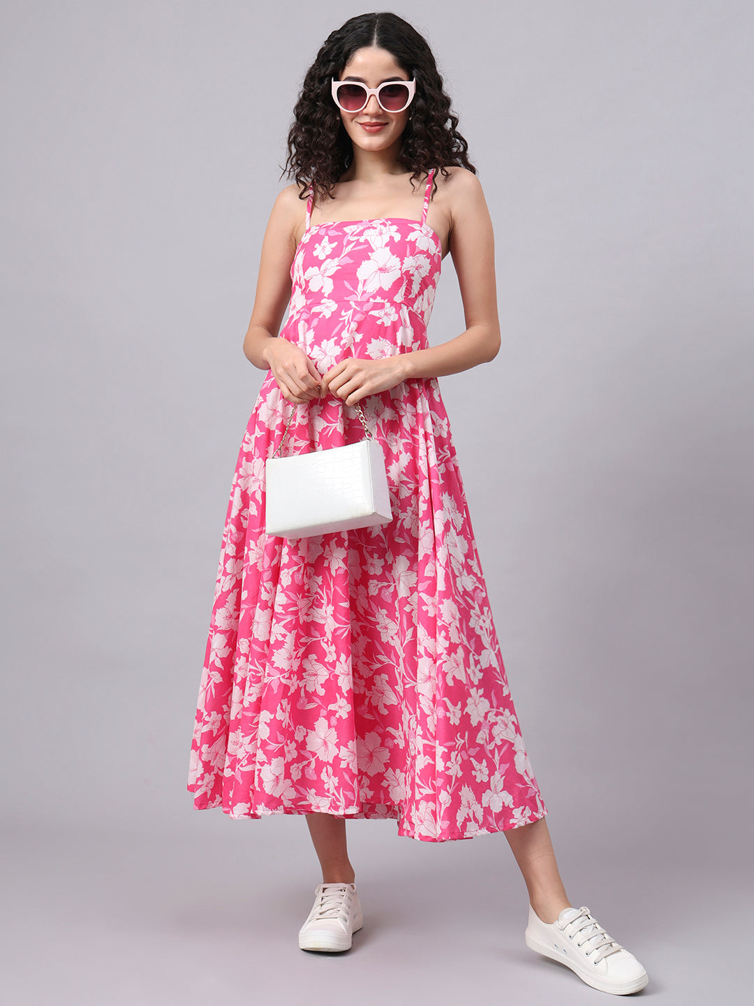 Pink Floral Shoulder Straps Cotton Dress