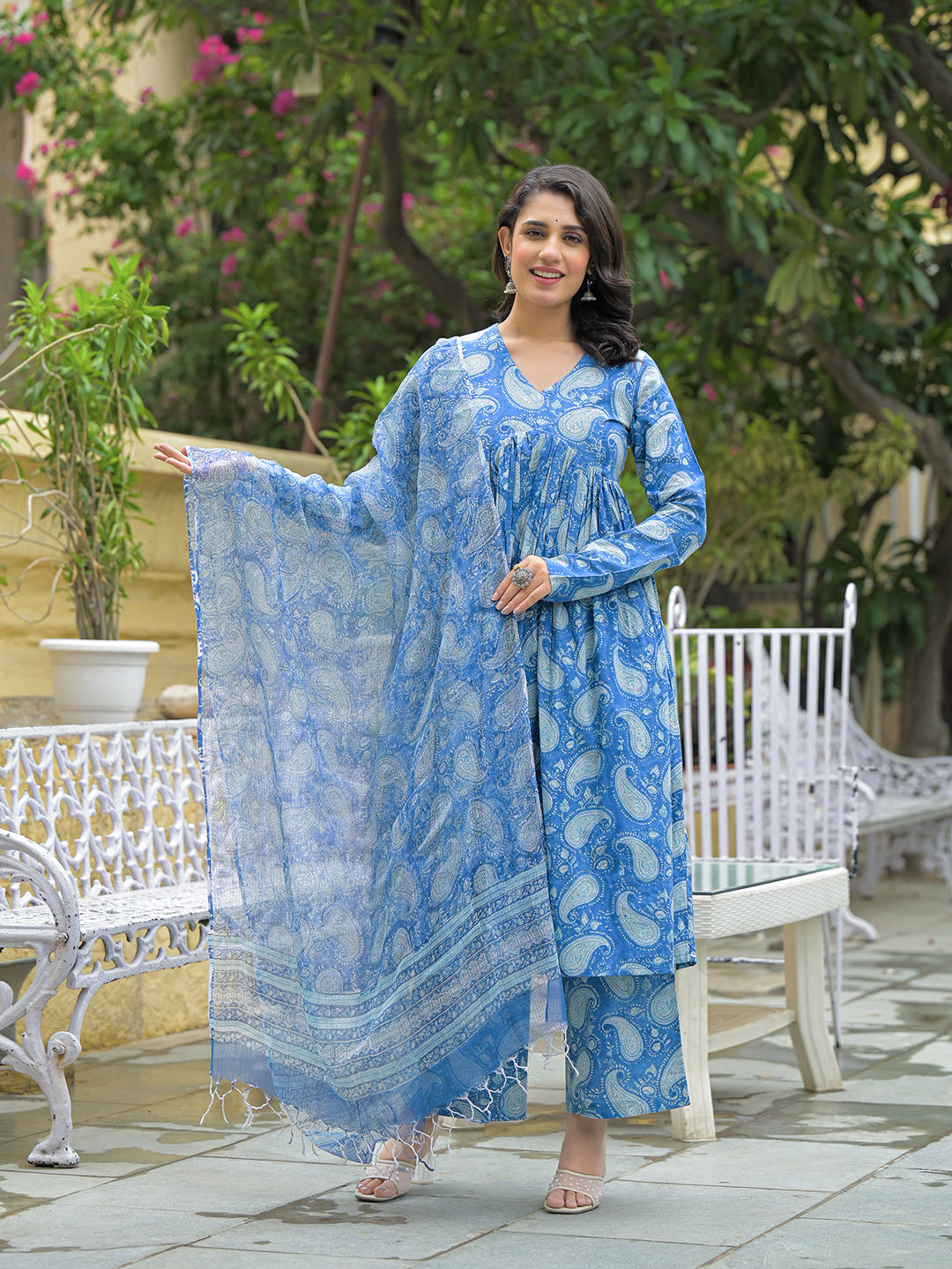 Blue Cotton Paisley Printed Kurta Pant Set With Dupatta