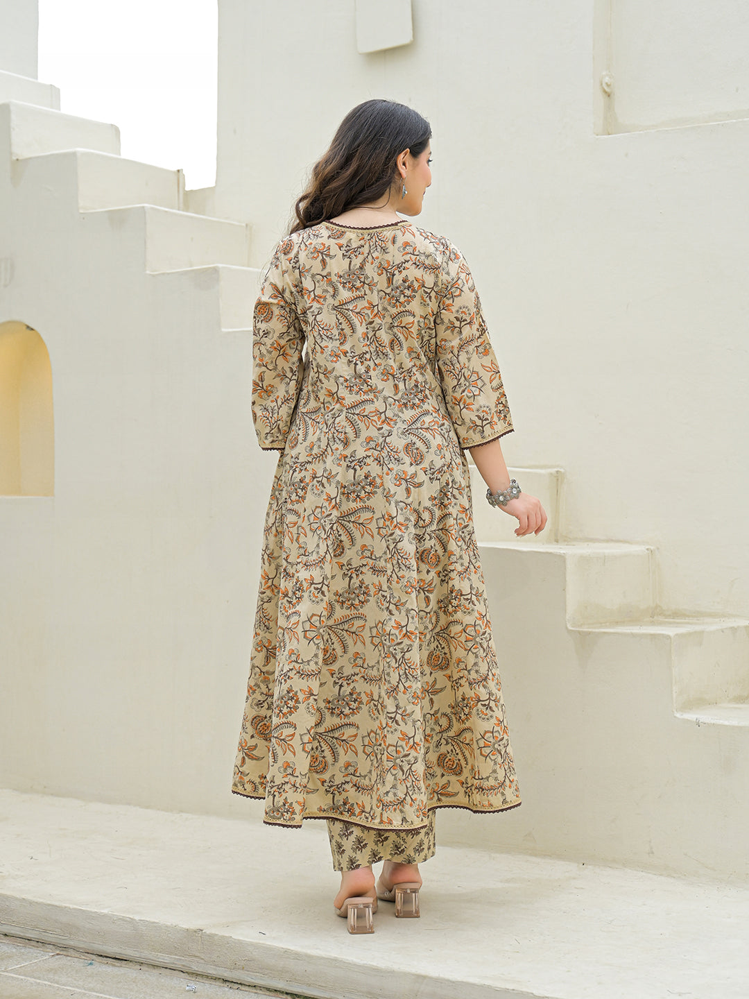 Beige Cotton Hand Block Anarkali Kurta Pant Sets With Dupatta