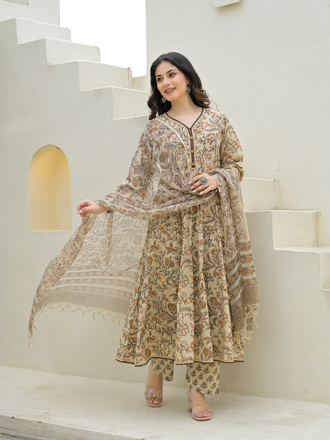 Beige Cotton Hand Block Anarkali Kurta Pant Sets With Dupatta