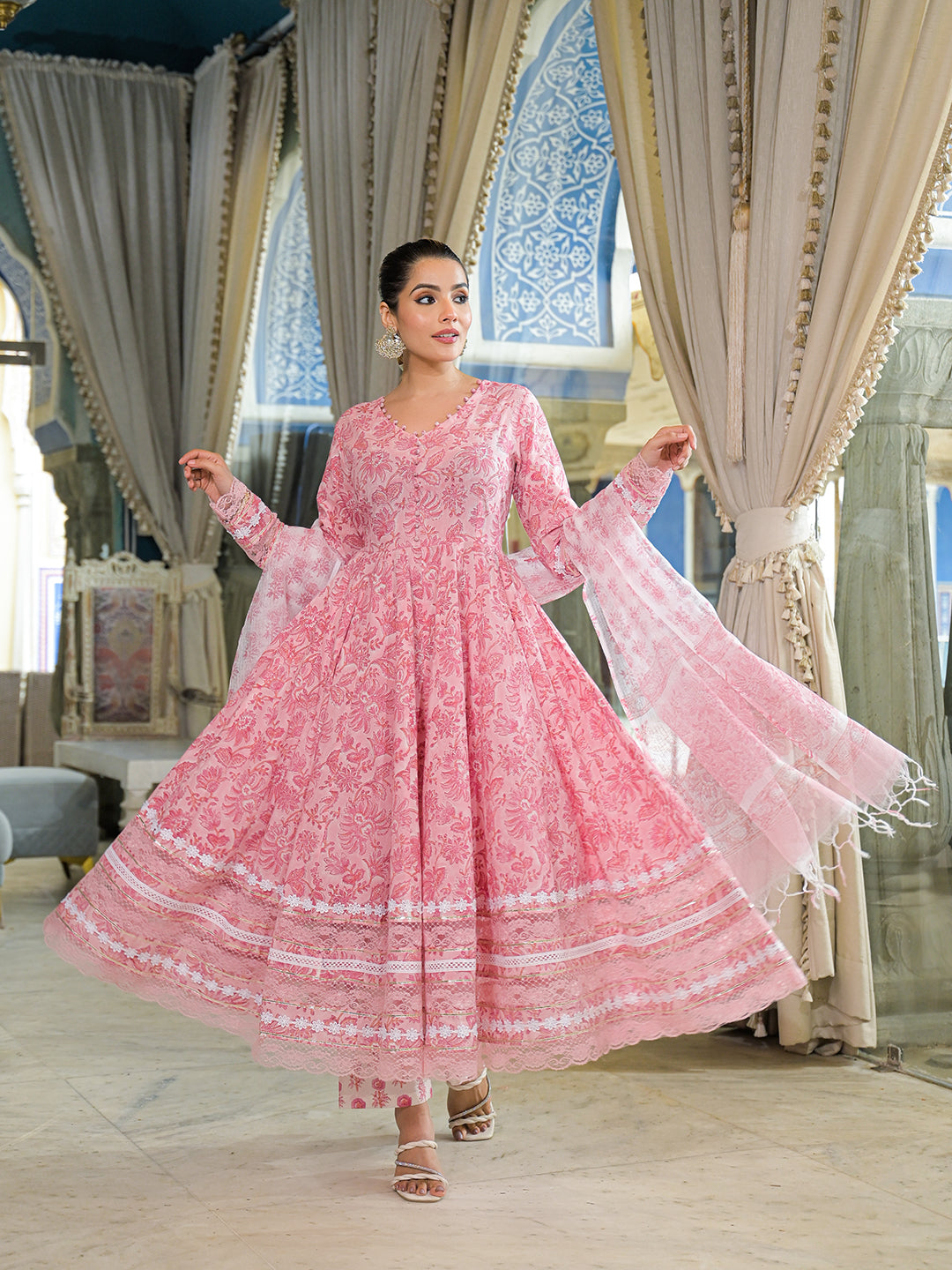 Pink Hand Block Cotton Anarkali Kurta Pant Set With Dupatta
