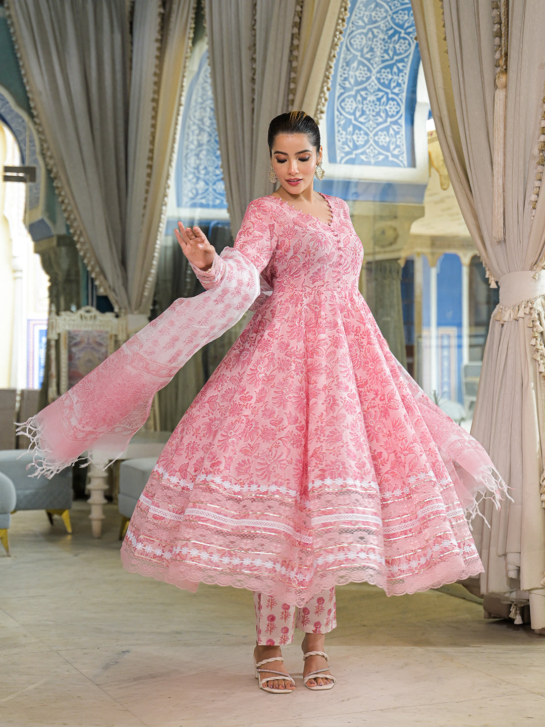 Pink Hand Block Cotton Anarkali Kurta Pant Set With Dupatta