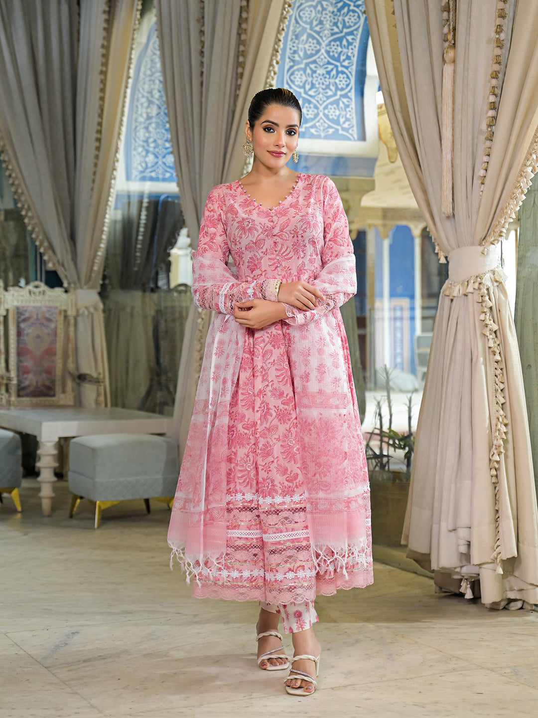 Pink Hand Block Cotton Anarkali Kurta Pant Set With Dupatta