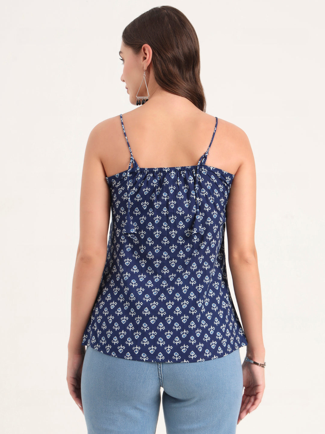 Indigo Printed Cotton Shoulder Strap Top