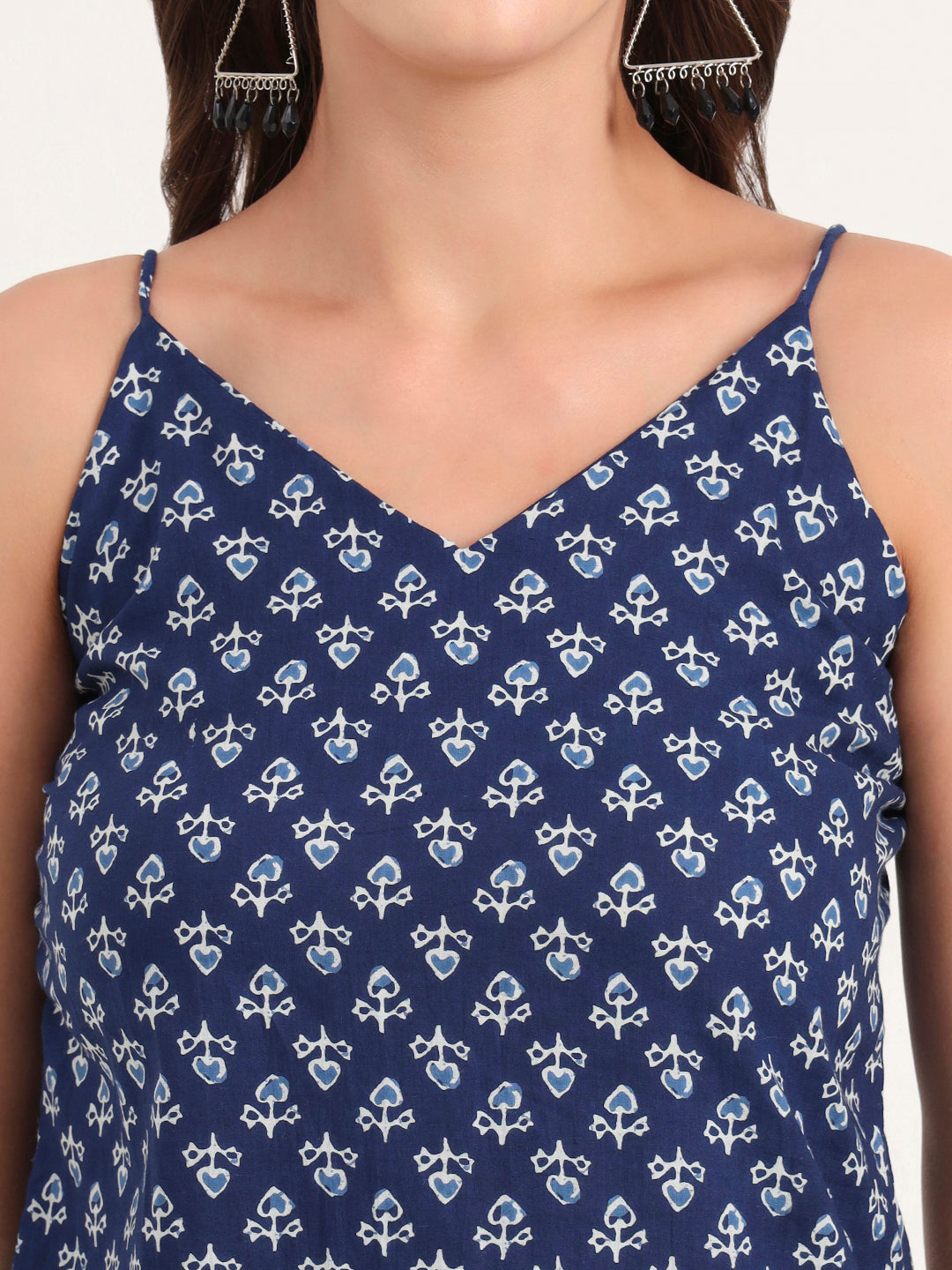 Indigo Printed Cotton Shoulder Strap Top