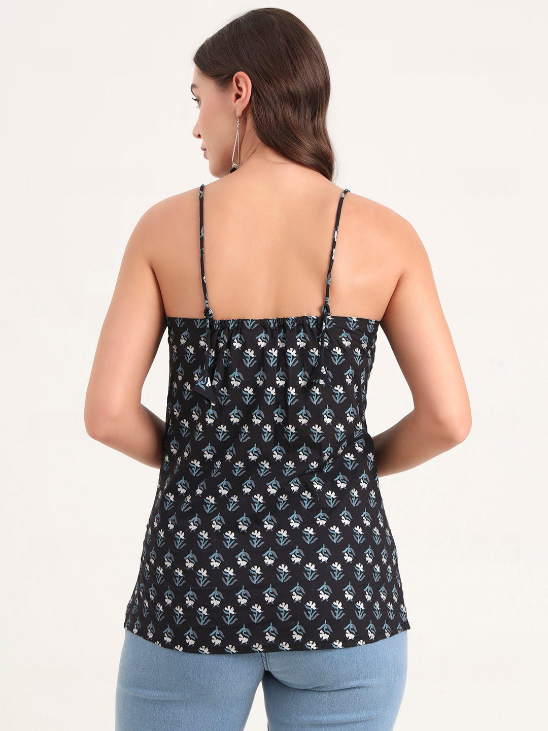 Black Printed Cotton Shoulder Strap Top