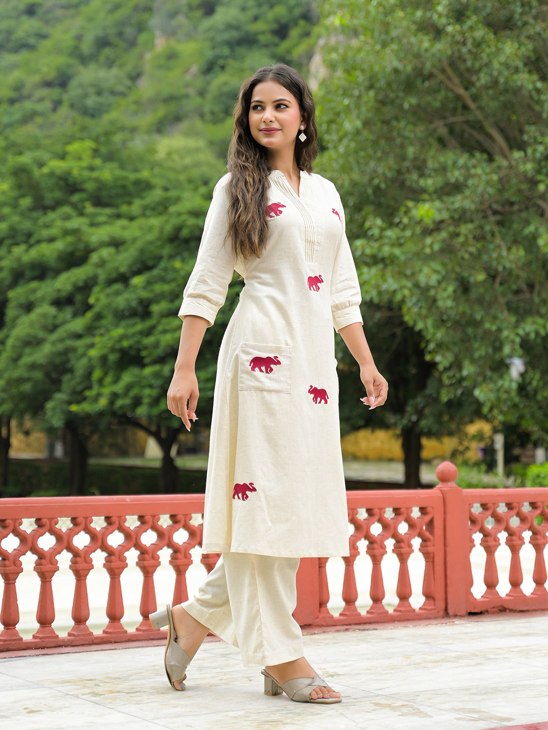 Off White Embroidered Cotton A-line Kurta Pant Sets