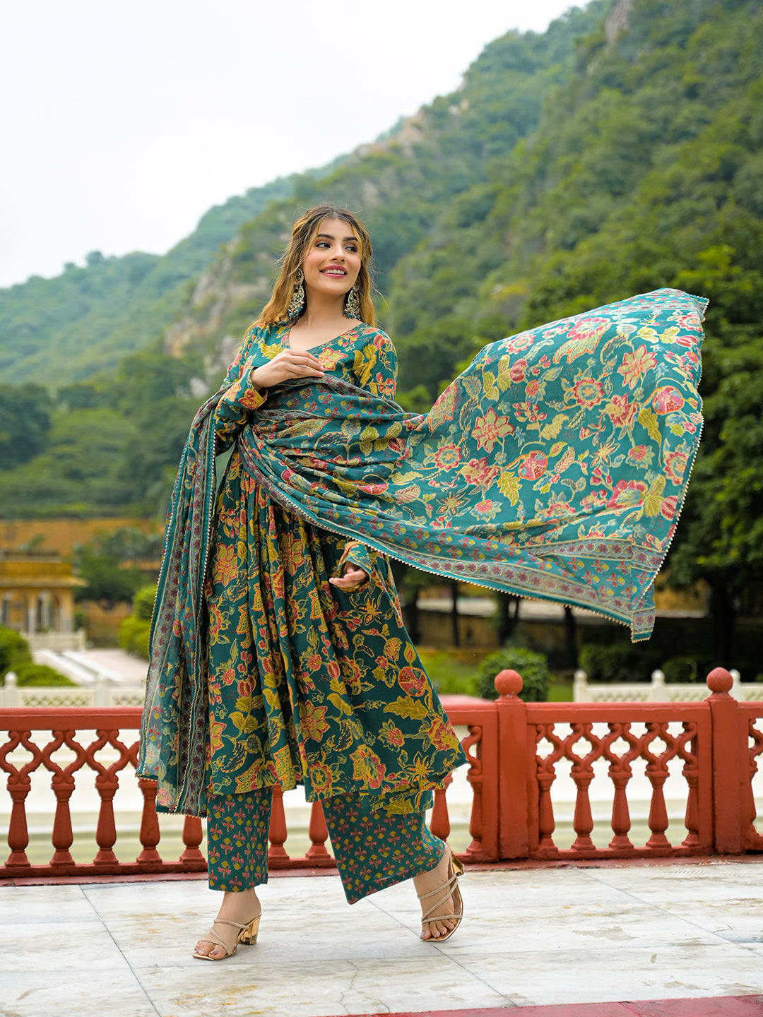 Dark Green Cotton Straight Kurta Pant With Dupatta
