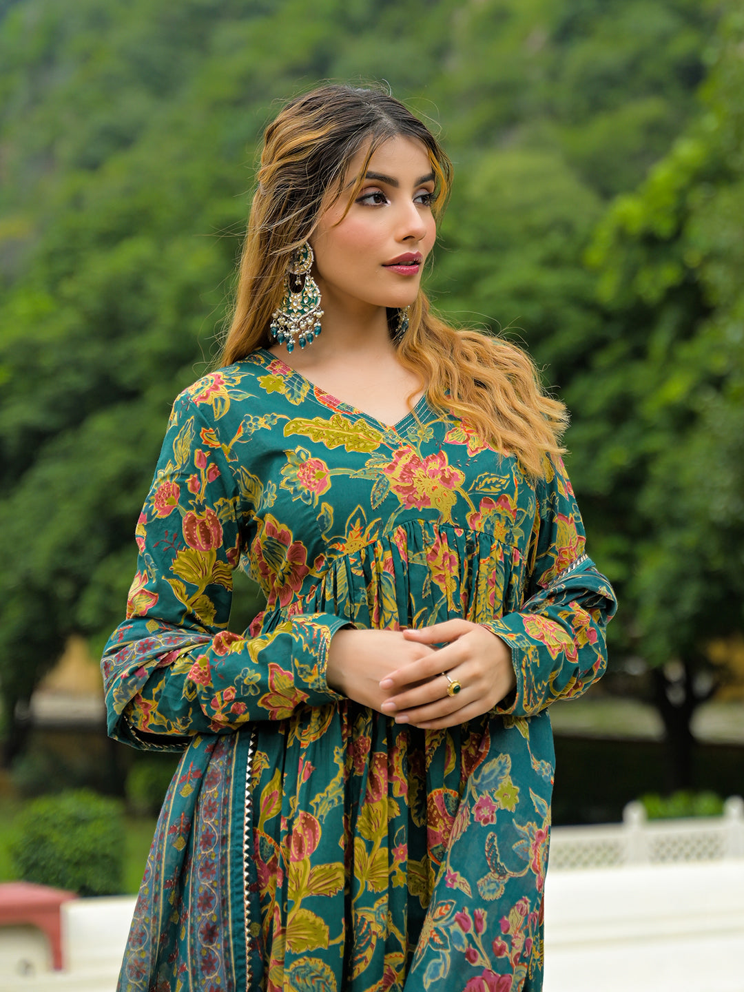 Dark Green Cotton Straight Kurta Pant With Dupatta