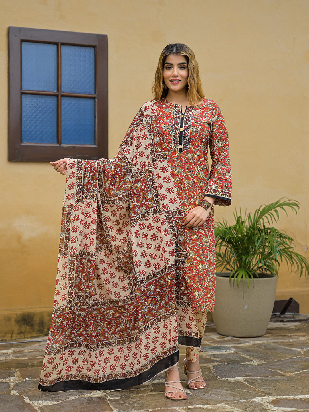 Maroon Hand Block Cotton Straight Kurta Pant With Dupatta