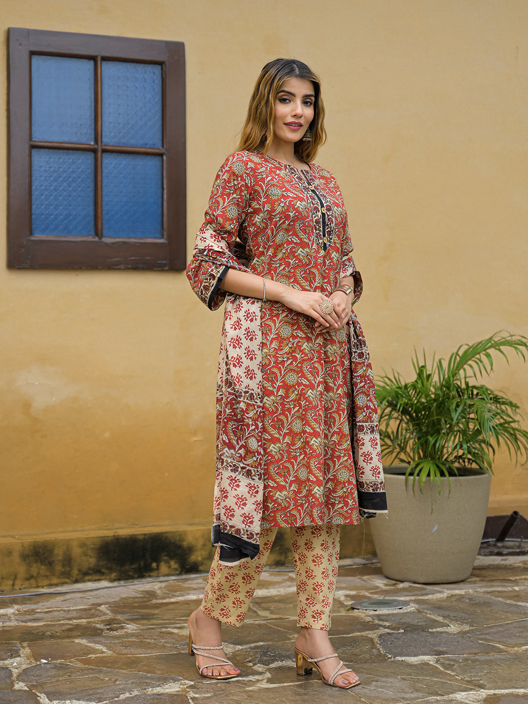 Maroon Hand Block Cotton Straight Kurta Pant With Dupatta