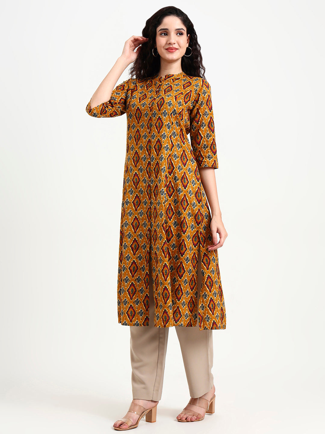 Mustard Ikkat Print Cotton Kurta