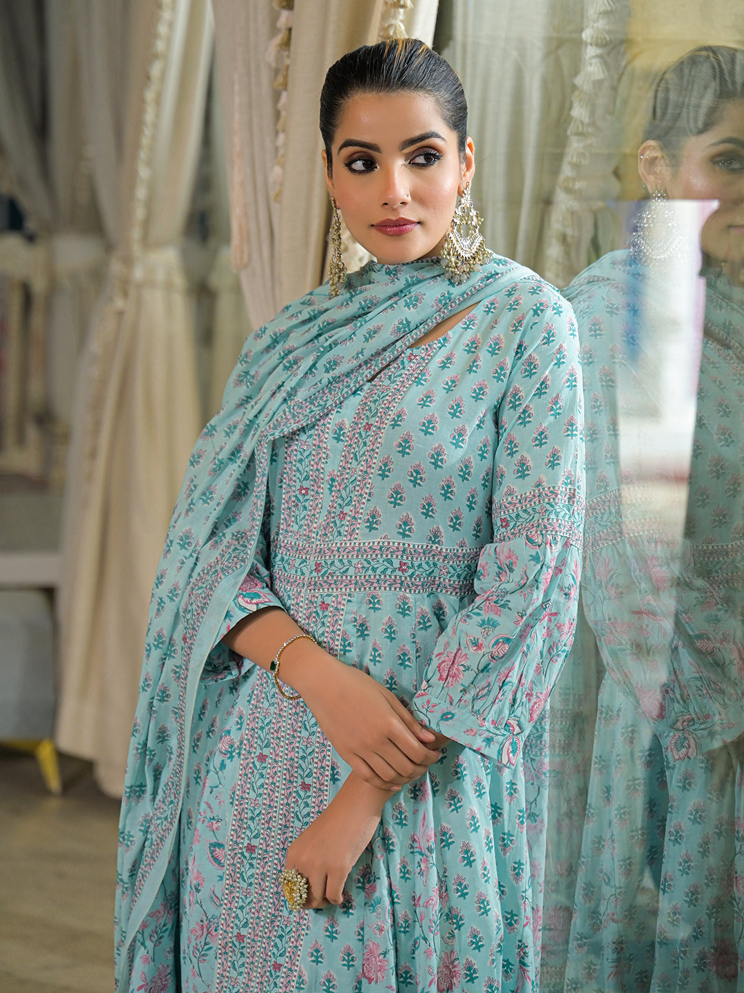 Sky Blue  Ethnic Motif Cotton Anarkali Kurta Pant With Dupatta