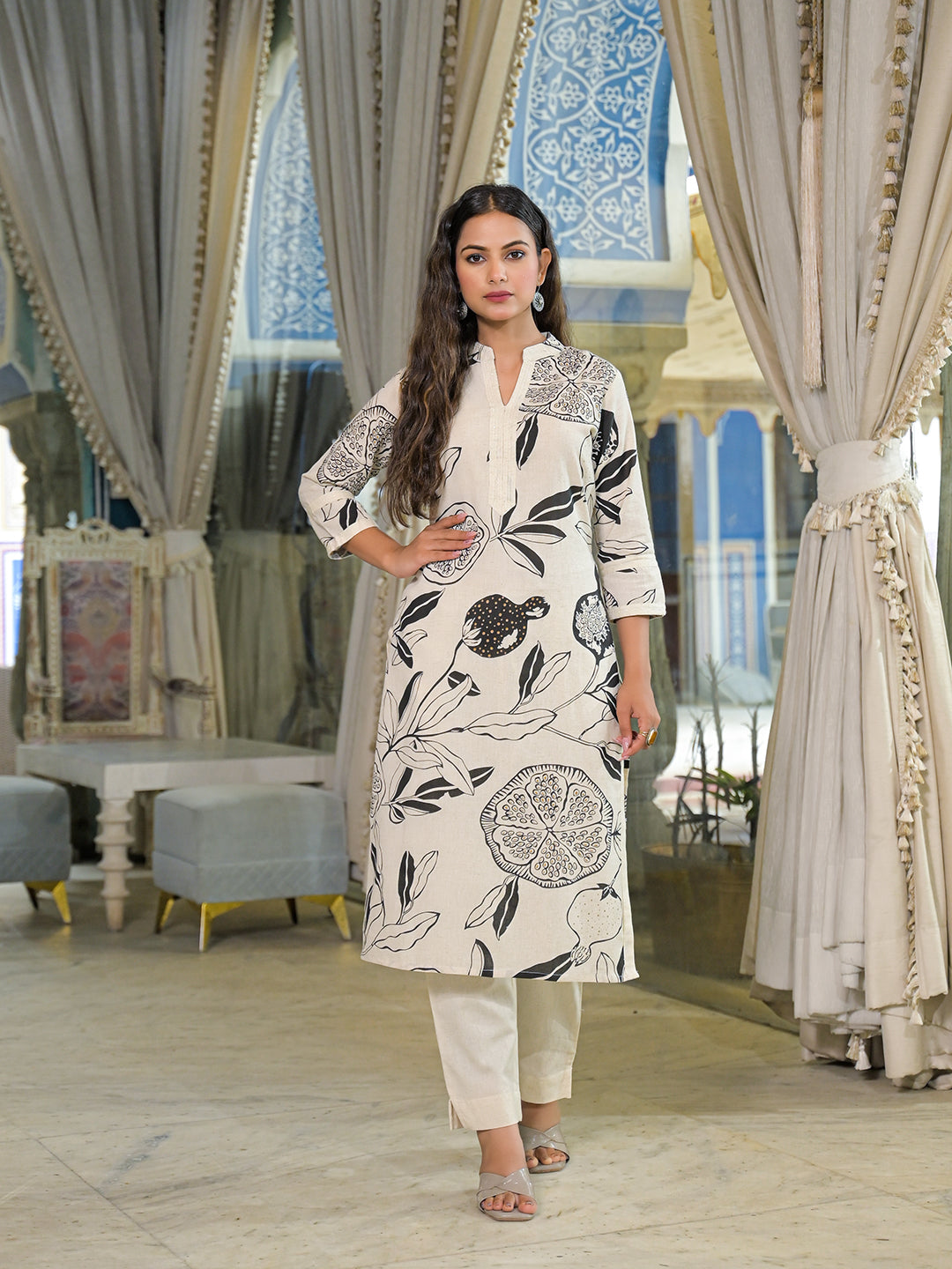 Off White Floral Print Cotton Straight Kurta Pant Sets