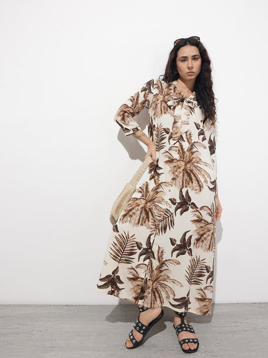 Cream Tie up Neck Rayon Maxi Dress