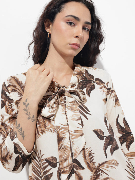 Cream Tie up Neck Rayon Maxi Dress