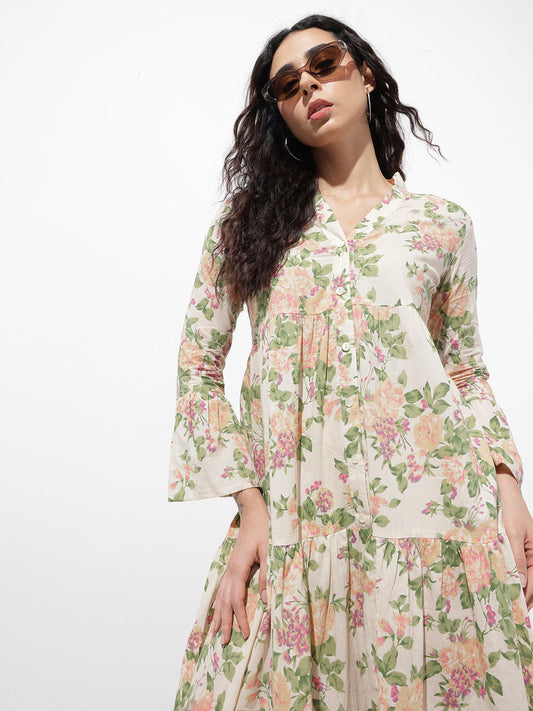 Cream Mandarin Coller Floral Print Cotton Midi Dress