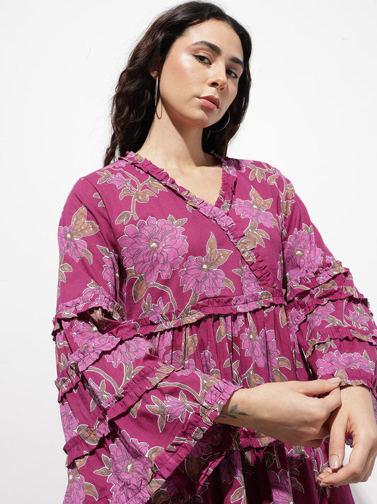 Purple V-Neck Midi Cotton Dress