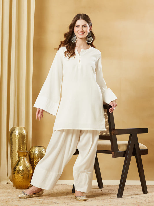 White Solid Cotton Farsi Salwar Suit Set
