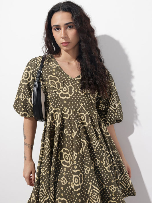 Brown V-Neck Short Bell Sleeves Mini Cotton Dress