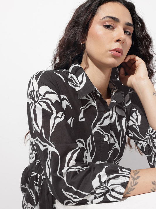 Black Shirt Coller Mulmul Linning Cotton Dress