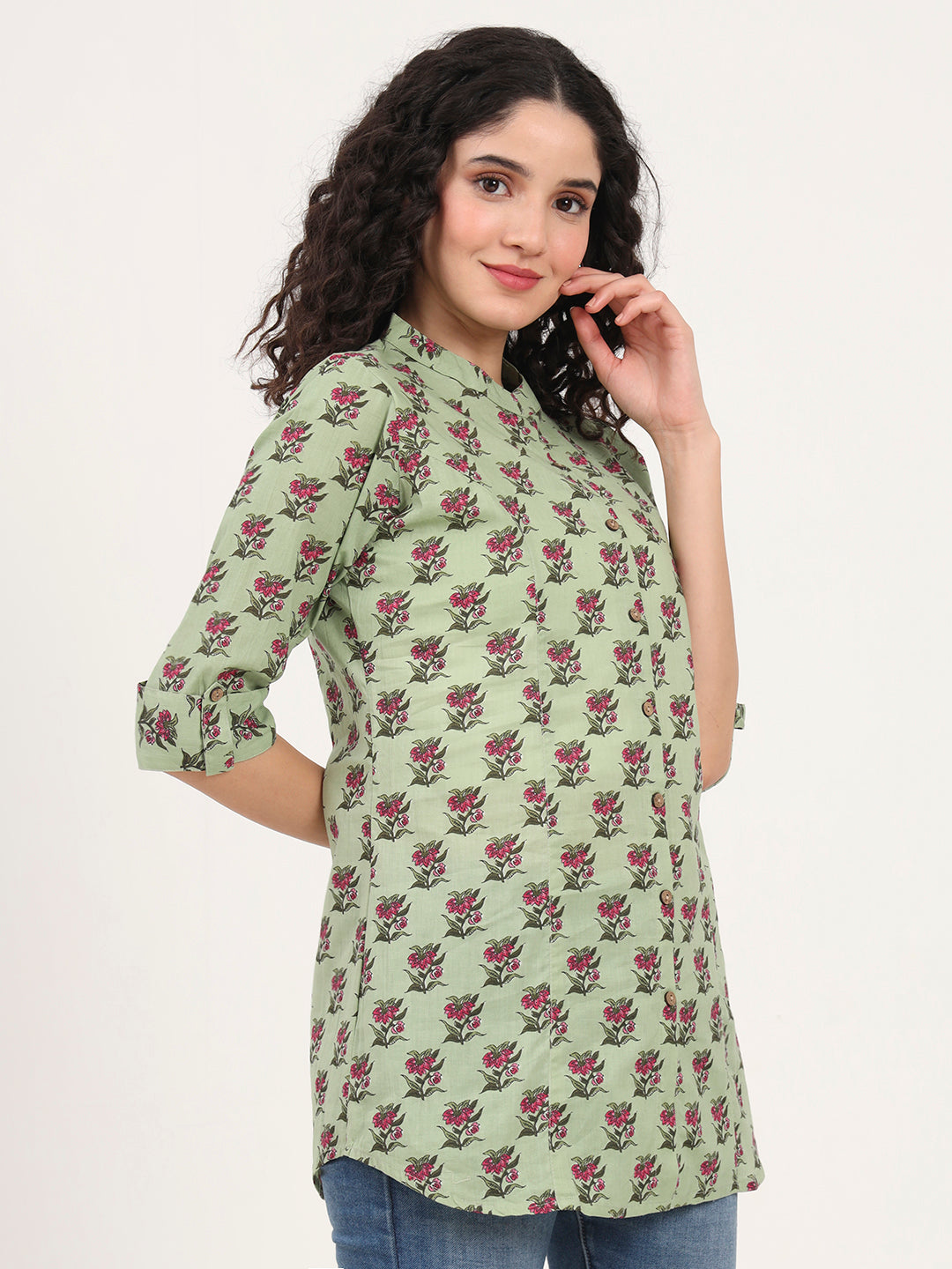 Green Floral Printed Cotton Top