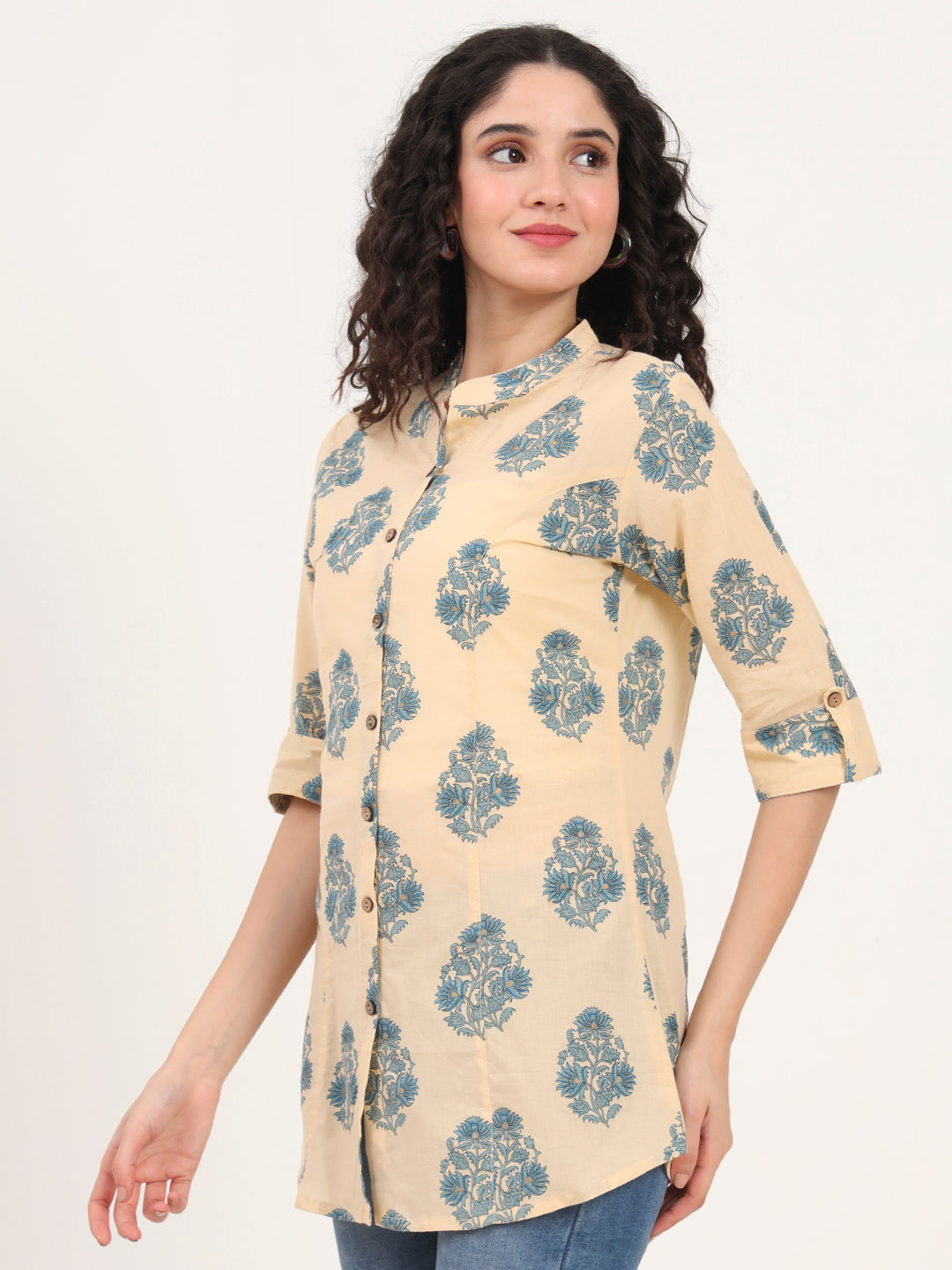 Beige Floral Printed Cotton Top