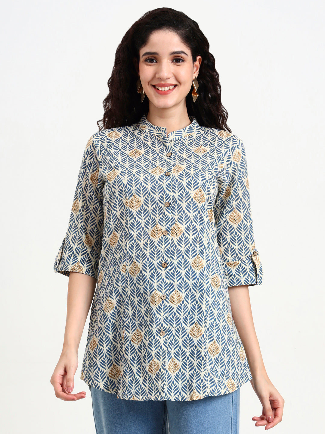 Blue Geometric Printed Cotton Top