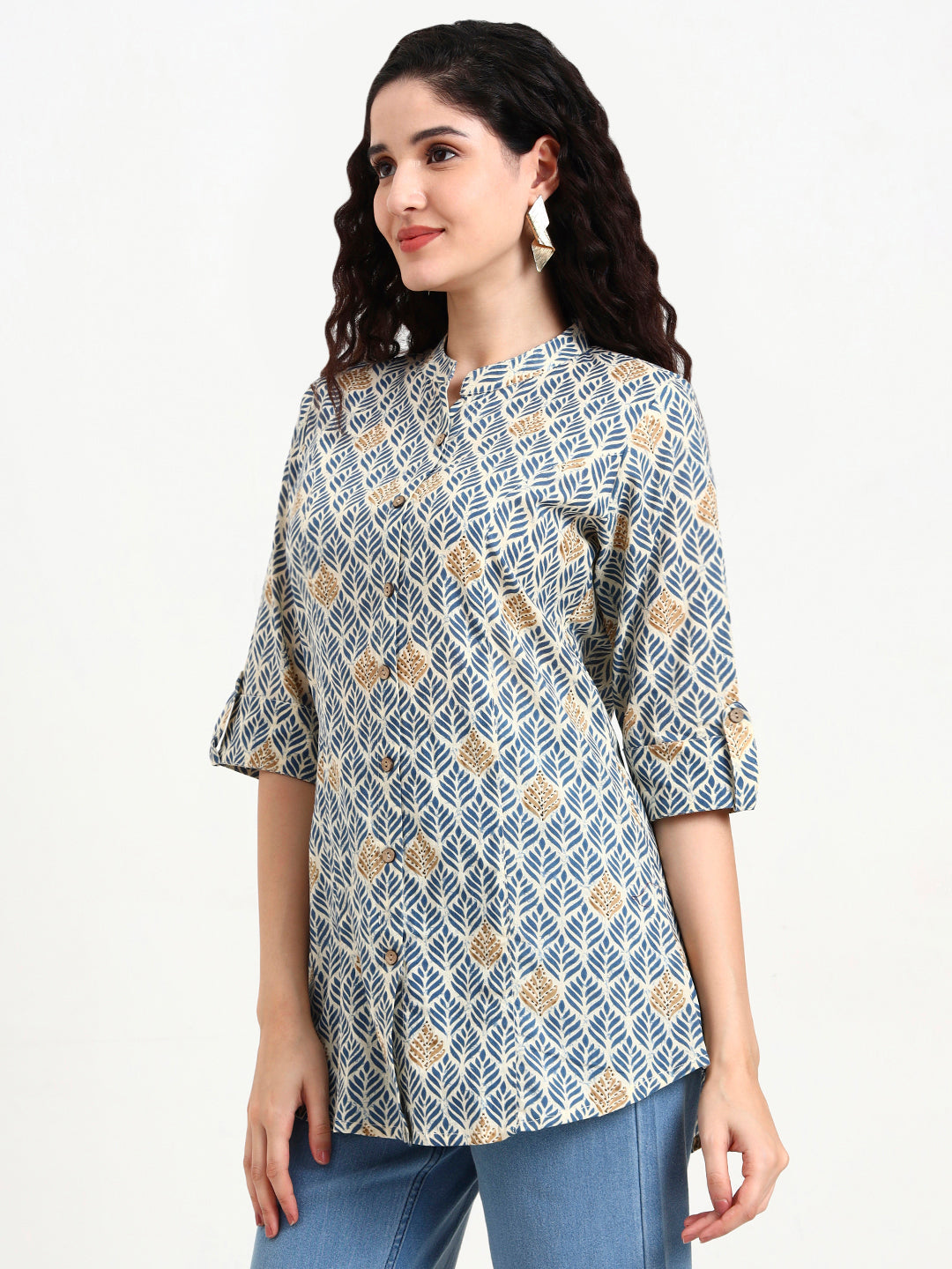 Blue Geometric Printed Cotton Top