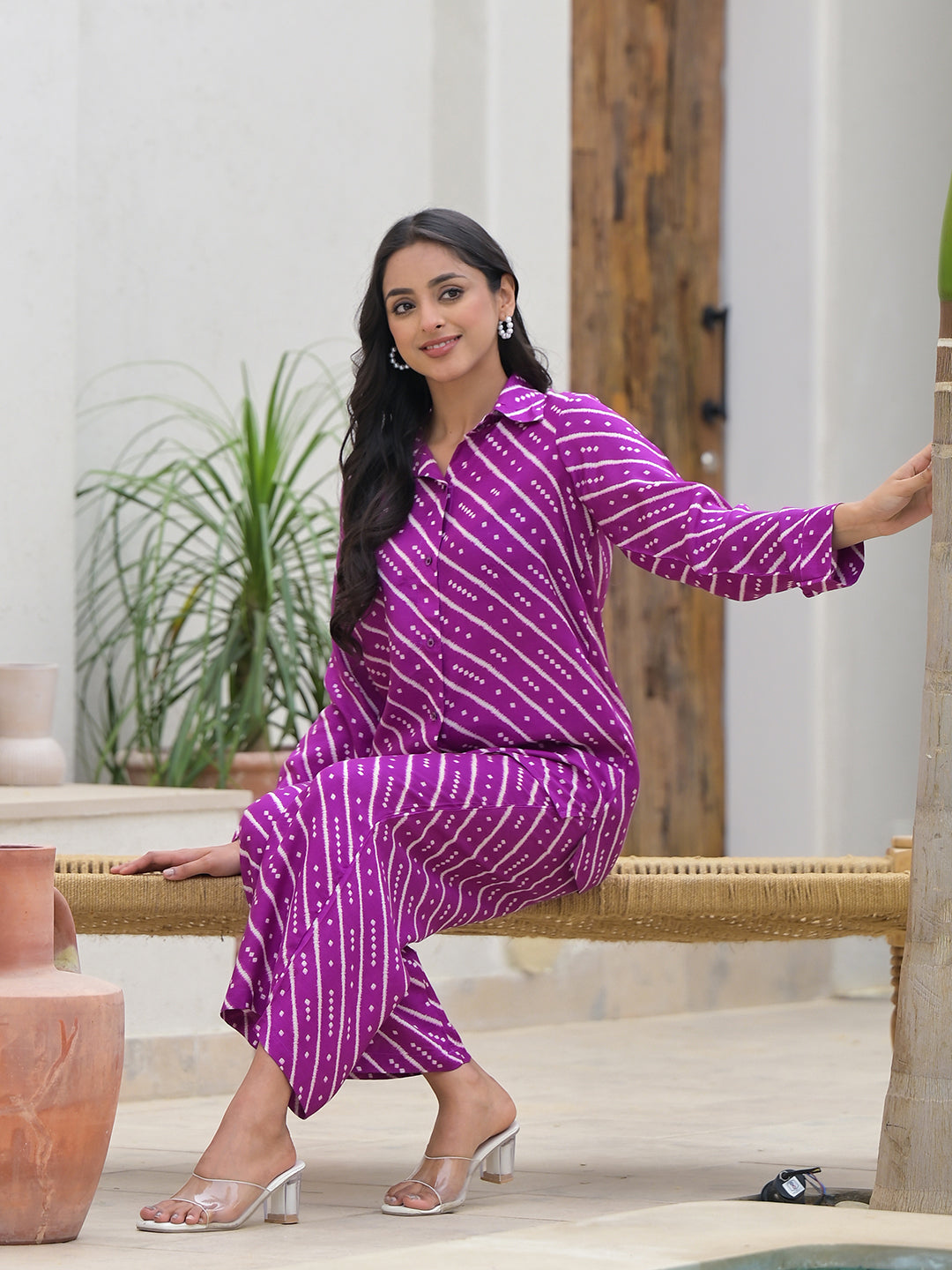 Purple Stripes Shirt With Trousers Co-Ords