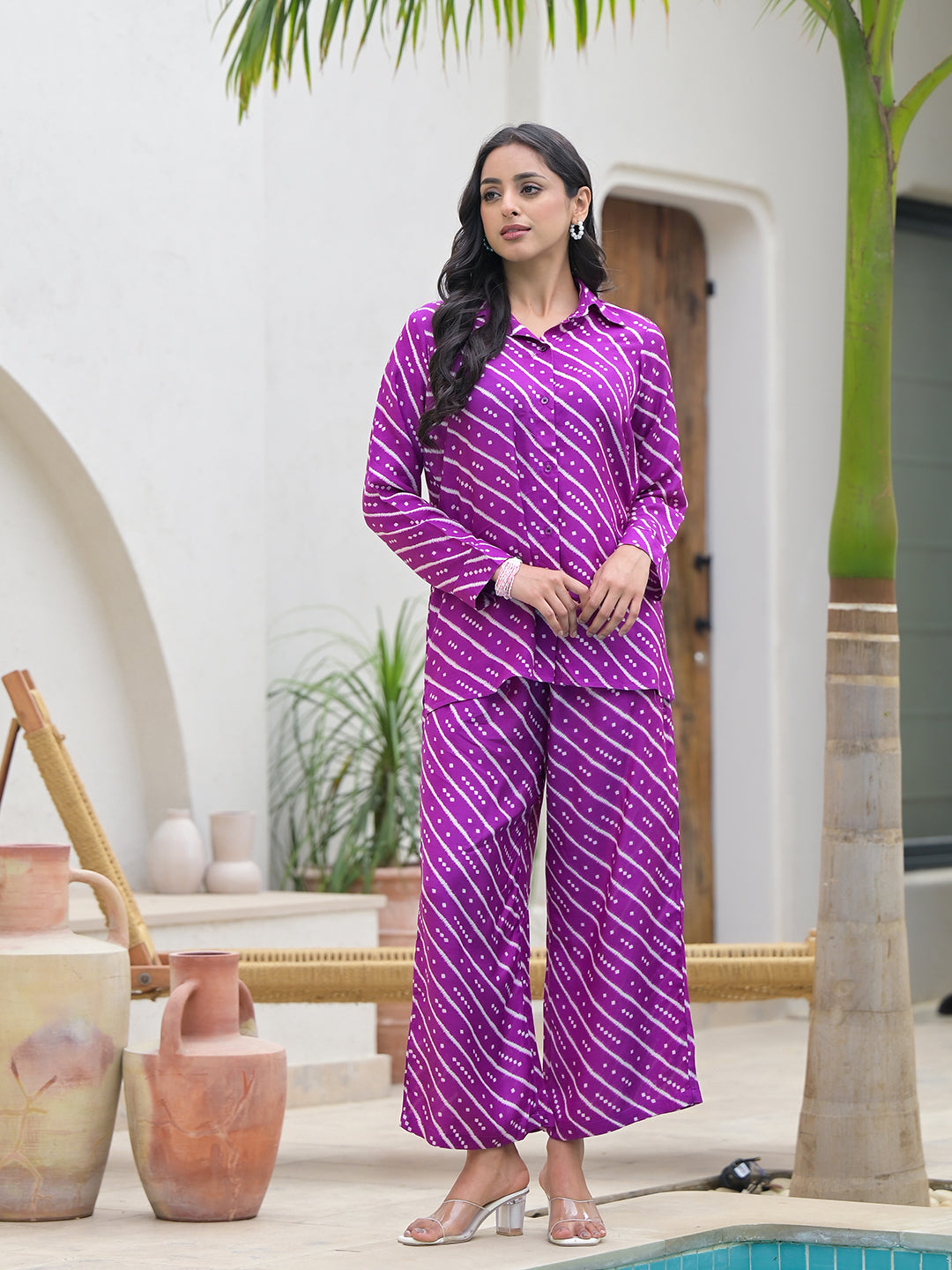 Purple Stripes Shirt With Trousers Co-Ords