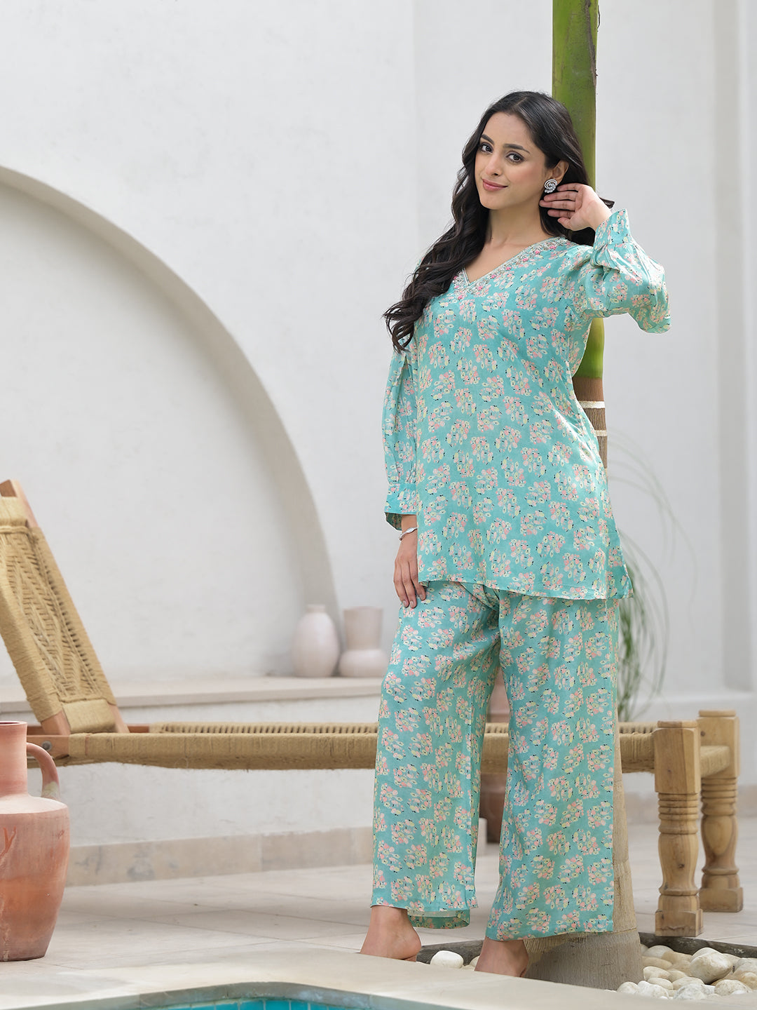 Green Embroidered V-Neck Top With Trousers Co-Ords