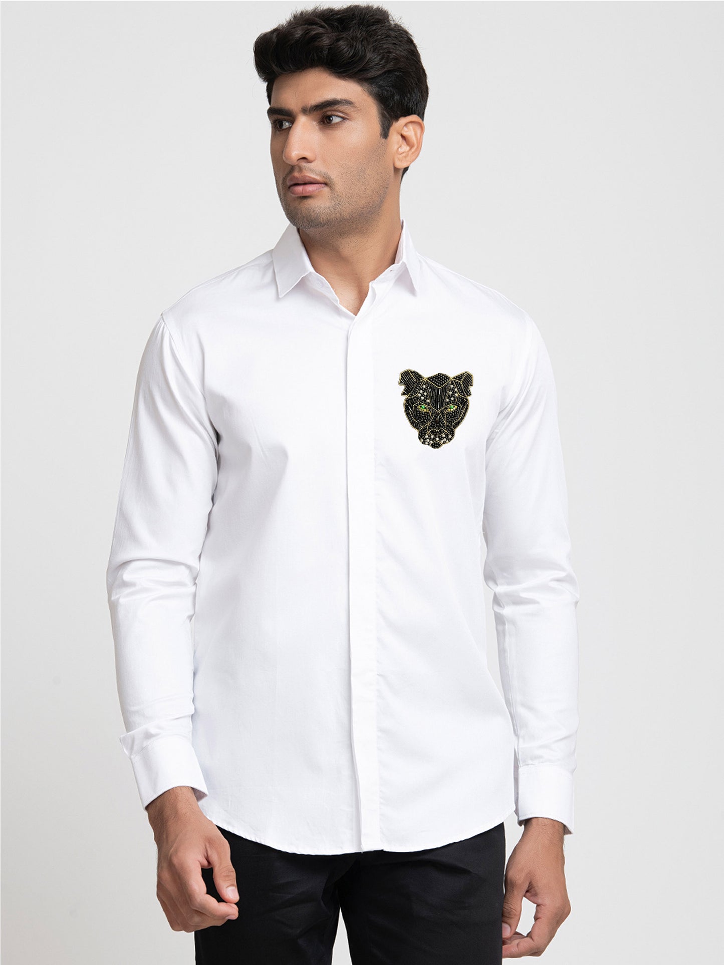 White Giza Cotton Panther embroidery shirt