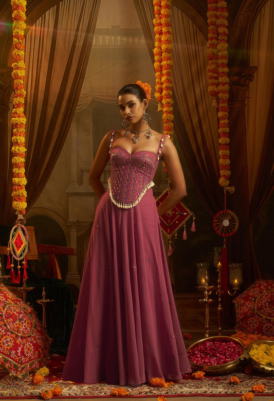 Pink Georgette Mirror Embroidered Corset Top with Palazzo for Navratri