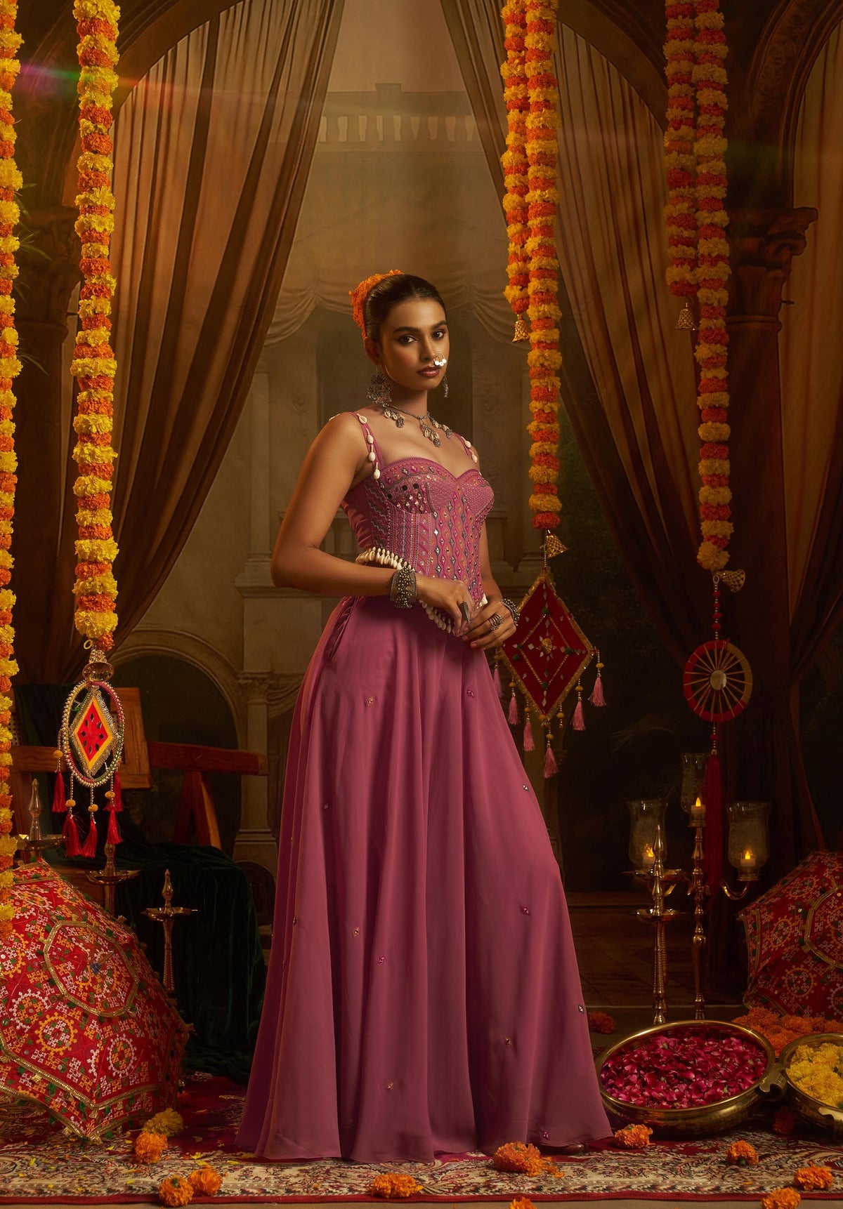 Pink Georgette Mirror Embroidered Corset Top with Palazzo for Navratri