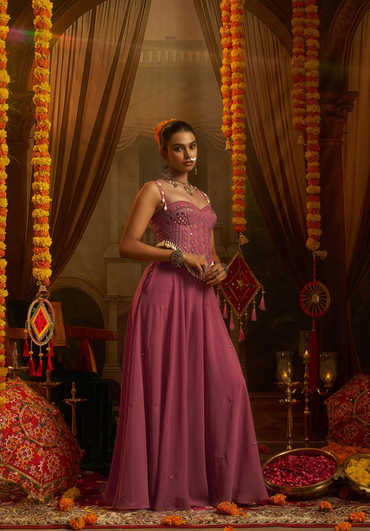Pink Georgette Mirror Embroidered Corset Top with Palazzo for Navratri