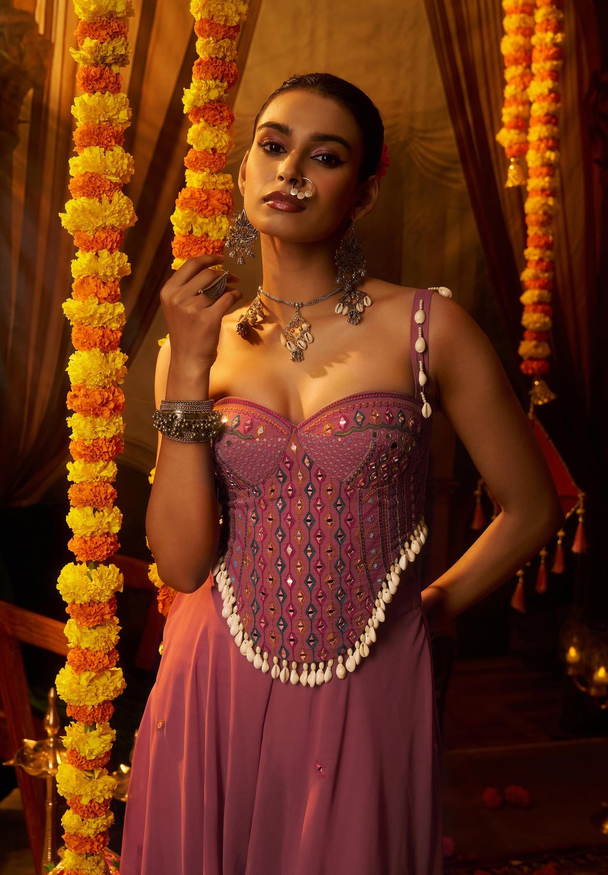 Pink Georgette Mirror Embroidered Corset Top with Palazzo for Navratri