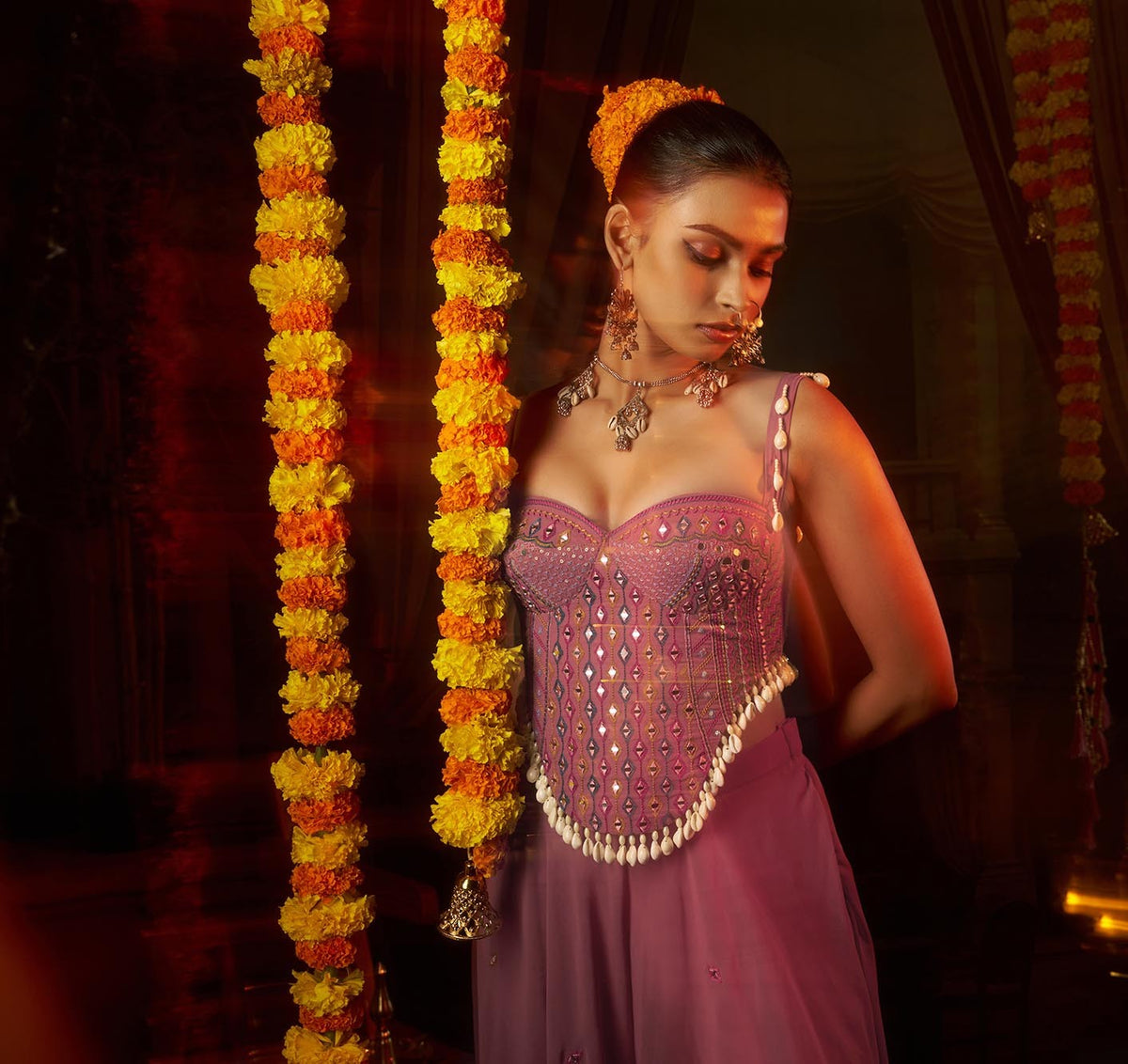 Pink Georgette Mirror Embroidered Corset Top with Palazzo for Navratri