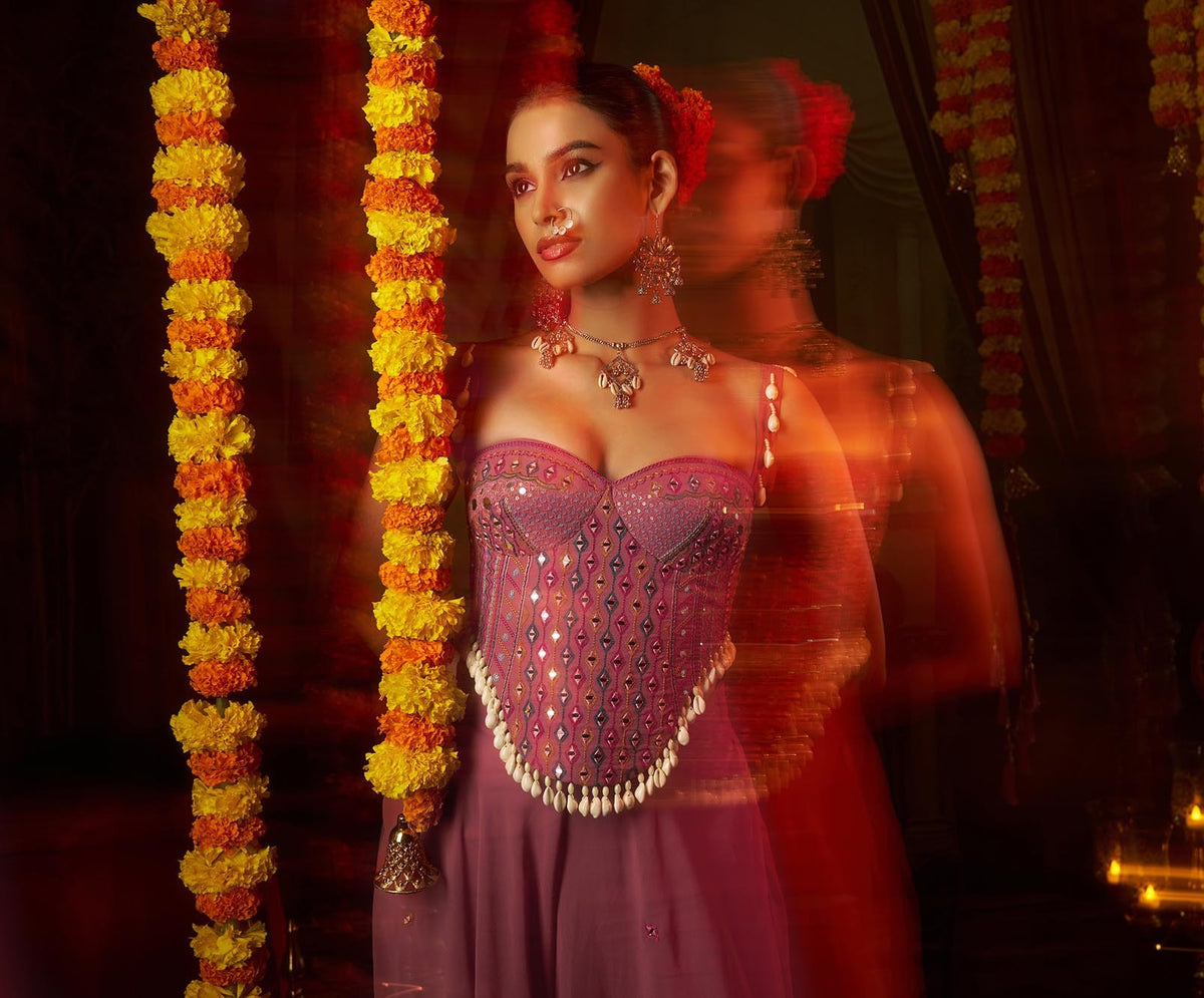 Pink Georgette Mirror Embroidered Corset Top with Palazzo for Navratri